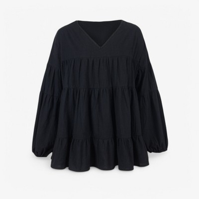 Anna-Kaci Women's Tiered Babydoll Blouse with Long Balloon Sleeves