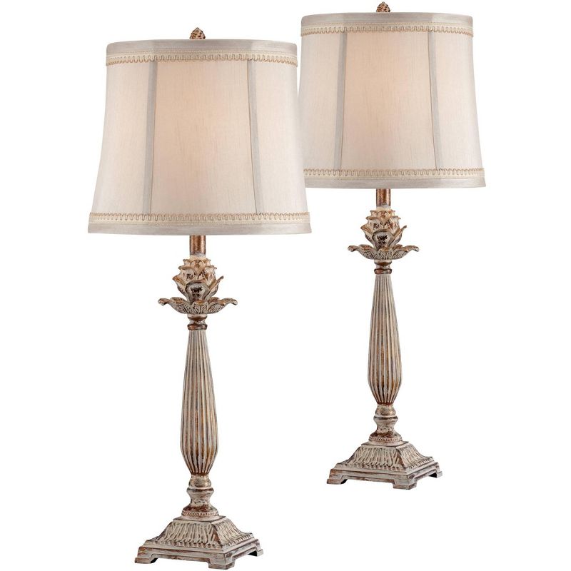 Regency Hill Shabby Chic Table Lamps 28" Tall Set of 2 Antique White Washed Petite Artichoke Font Beige Fabric Bell Shade for Living Room, 1 of 9