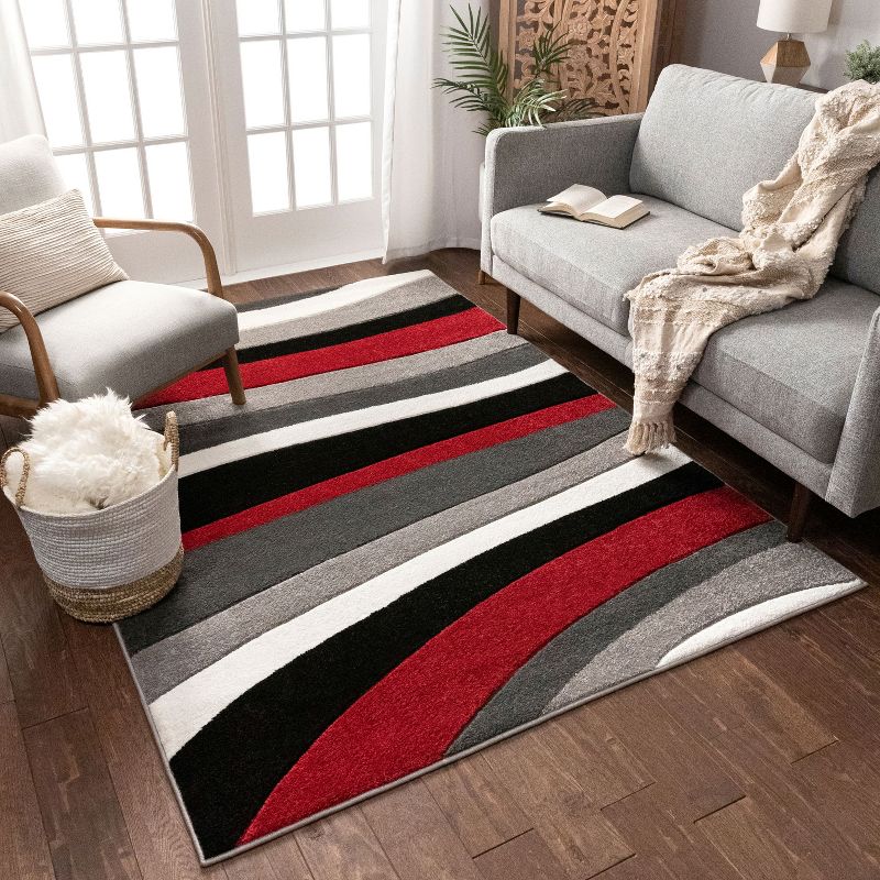 Temptation Waves Stripes Modern Geometric Comfy Casual Hand Carved Abstract Contemporary Thick Soft Plush Red Area Rug, 2 of 8