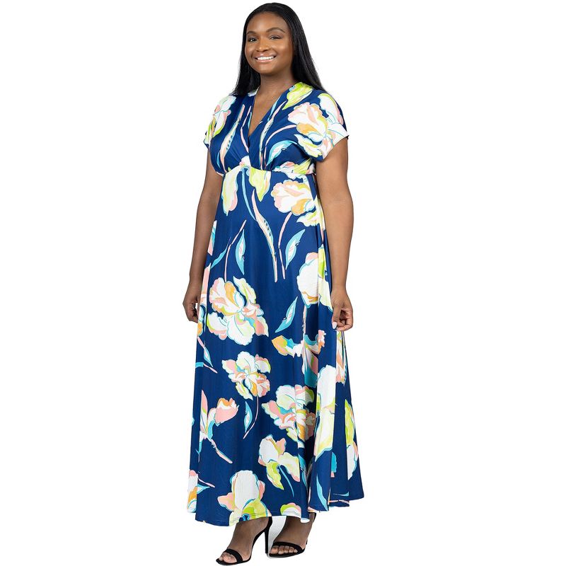 24seven Comfort Apparel Plus Size Navy Floral Print V Neck Empire Waist Cap Sleeve Maxi Dress, 5 of 7