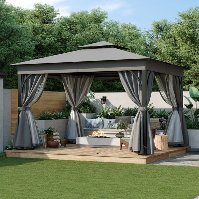 Patio Metal Gazebo with Double Roof and Netting,Outdoor Patio Hardtop Gazebo with Curtains,Patio Canopy for Garden,Deck-Coolbibila
