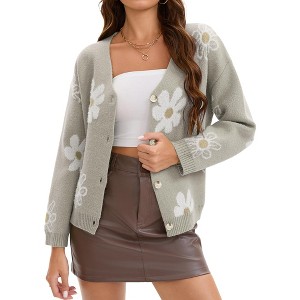 INSPIRE CHIC Women's Floral V Neck Button-Down Open Front Long Sleeve Knit Sweaters - 1 of 4