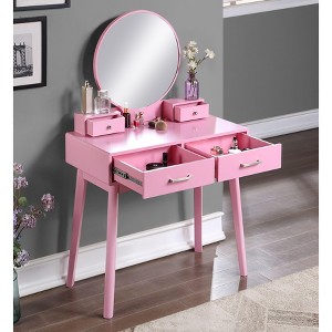 Sapphtopaz Contemporary Makeup Vanity Desk with Round Mirror, Wood Makeup Table with 2 Drawers & Upholstered Seat Dresser For Bedroom - 1 of 4