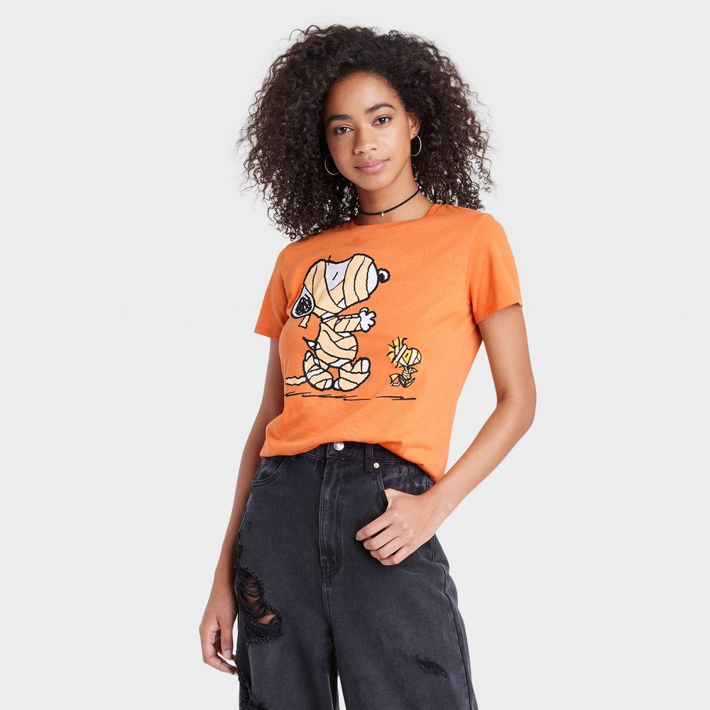 size XS Women's Disney Snoopy Mummy Short Sleeve Graphic T-Shirt - Orange 