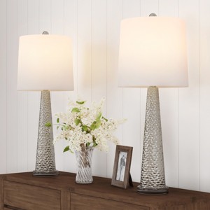 Hastings Home Table Lamps - Set of 2 Contemporary Hammered Lights, Metallic Brushed Silver Glass Base and Ivory Shade - 1 of 4