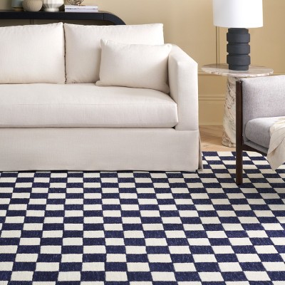 Navy and Ivory Checkered Handmade Wool Area Rug, 3' x 5'