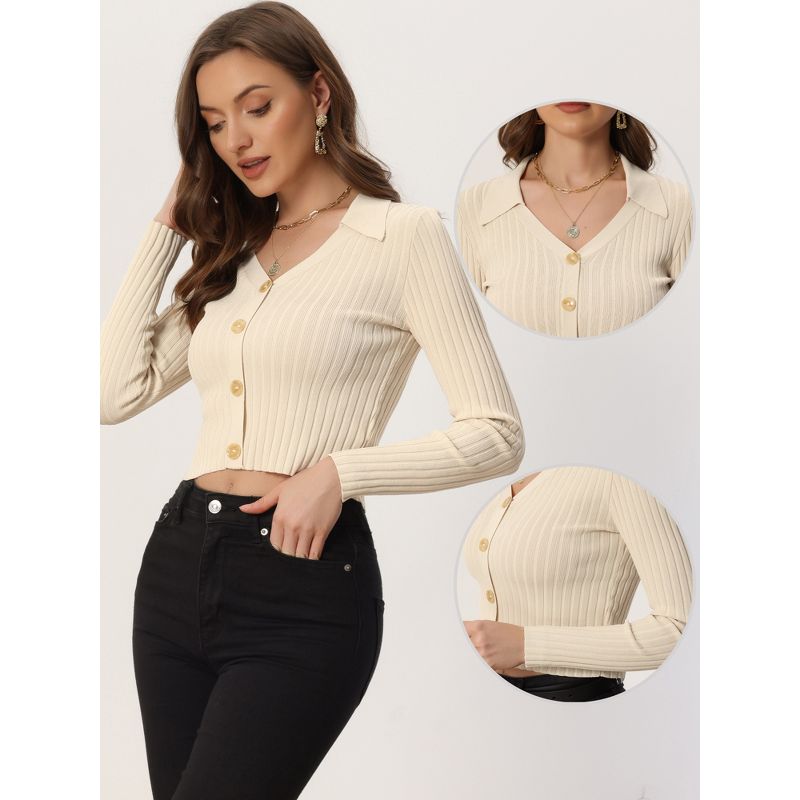 Allegra K V Neck Crop Sweater Tops for Women's Ribbed Knit Casual Long Sleeve Solid Sweater Pullover Top, 2 of 6