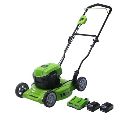 Greenworks POWERALL 19" 24V 4Ah Cordless Brushless Push Lawn Mower Kit with 2 USB Batteries and Dual Port Rapid Charger