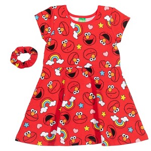 Sesame Street Elmo French Terry Short Sleeve Dress Scrunchy Set Red - 1 of 4