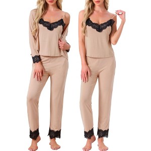 INSPIRE CHIC Women's Loungewear Lace Cami Spaghetti Strap Sleeveless Soft Pants Set with Pockets Cardigan 3 Piece Pajama Set - 1 of 4