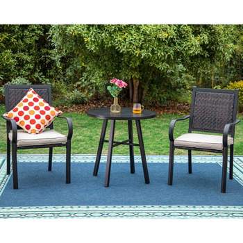3pc Patio Conversation Set with Wicker Rattan Chairs with Cushions & Square Side Table - Captiva Designs