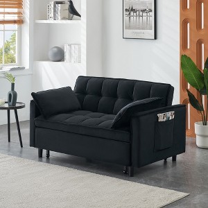 Zeus & Ruta 3-in-1 Modern Velvet Loveseat Lounge Sofa with Pullout Bed, Reclining Backrest, Toss Pillows & Pockets - 1 of 4