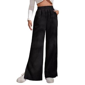 Women's Wide Leg Lounge Corduroy Pants Smocked Waistband Elastic High Waist Casual Fall Straight Leg Pants Loose Fitted Slit Trousers with Pockets - 1 of 4