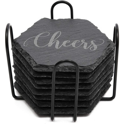 Juvale Set of 8 Black Slate Stone Drink Coasters Set in Hexagon Shape with Steel Stand, 4 in