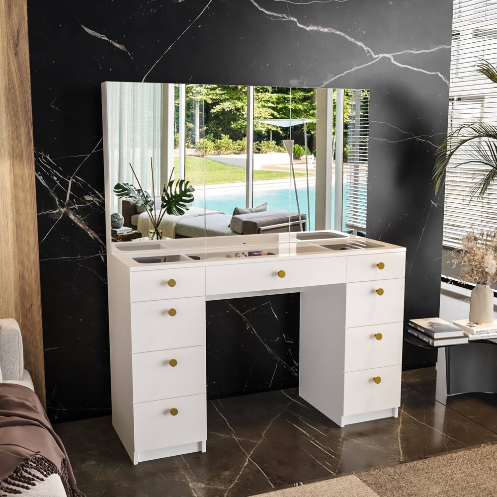Photos - Bedroom Set Daria with Knobs Makeup Vanity White Gold - Boahaus