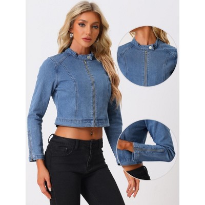 Allegra K Women's Stand Collar Zip Up Long Sleeve Motorcycle Biker Jean Jackets Blue Medium — фото 2