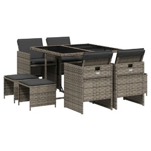 vidaXL - 9 Piece Patio Dining Set with Cushions - Gray Poly Rattan Furniture with Glass Tabletop, Chairs & Stools - 1 of 4
