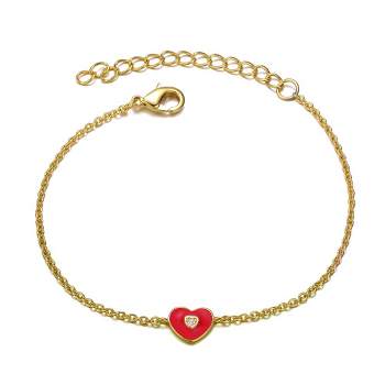 Guili 14k Yellow Gold Plated Adjustable Bracelet with Heart Charm and Red Enamel for Kids