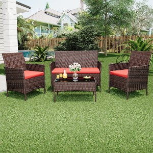 4-Piece All-Weather Wicker Patio Set, Outdoor Rattan Conversation Furniture with Cushions & Glass Table, for Garden, Porch, Poolside - 1 of 4