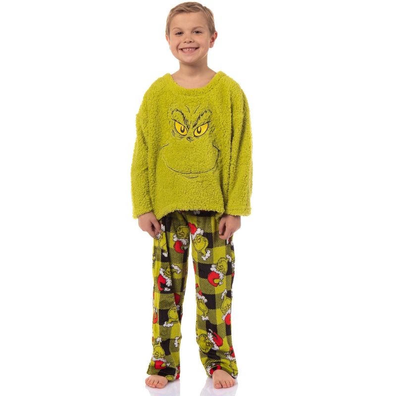Dr. Seuss The Grinch Santa Plaid Plush Fleece Pajama Sleep Set, 2 of 8