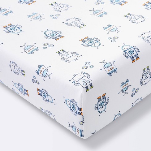 Fitted Crib Sheet Robots - Cloud Island™ Blue - image 1 of 4