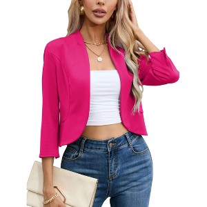 Coolmee Womens Blazers Business Casual 3/4 Sleeve Cropped Blazer Jacket Collarless Open Front Suit Jacket - 1 of 4