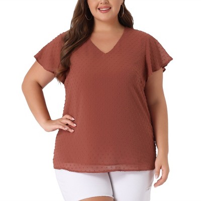 Agnes Orinda Women's Plus Size Swiss Dots V Neck Flare Short Sleeve Summer Casual Blouses
