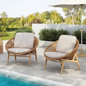 Set of 2 Outdoor Wicker Lounge Chairs with Cushions,Papasan Style Patio Chairs for Balcony or Poolside–Maison Boucle - 1 of 4