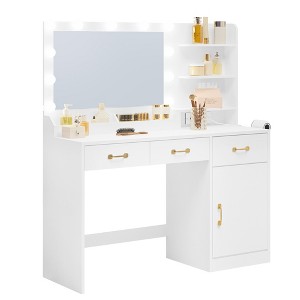 COZONY Vanity Desk with LED Mirror & Power Outlet, Makeup Table with 3 Drawers & Storage Shelves for Bedroom Dressing Room, White - 1 of 4