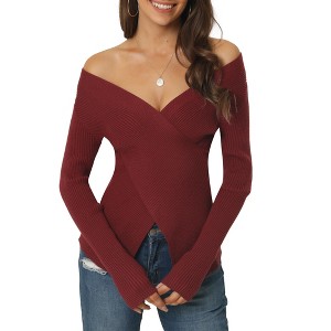 Seta T Women's V Neck Wrap Long Sleeve Criss Cross Casual Pullover Sweater - 1 of 4