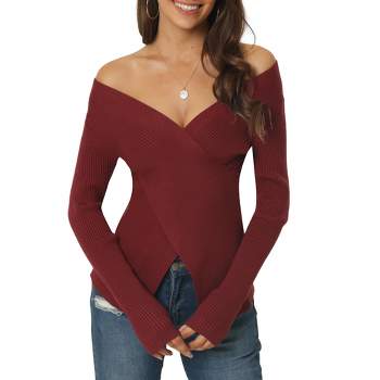Seta T Women's V Neck Wrap Long Sleeve Criss Cross Casual Pullover Sweater