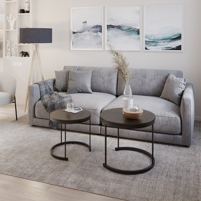 Modern Round Nesting Coffee Table Set in Sleek Brown Wood & Metal