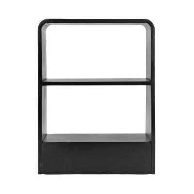 Black Mango Wood Floating Wall Shelf with Drawer, 18" x 24"