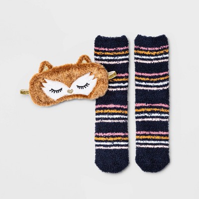 Women's Fox Faux Fur Eye Mask & Cozy Socks Set - Camel/Navy 4-10