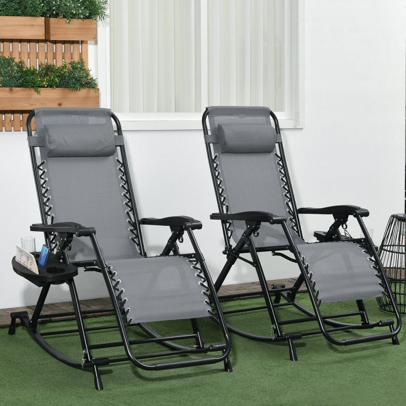 Outsunny 2 Outdoor Rocking Chairs Foldable Reclining Zero Gravity Lounge Rockers w/ Pillow Cup & Phone Holder, Combo Design w/ Folding Legs, Gray, 3 of 7