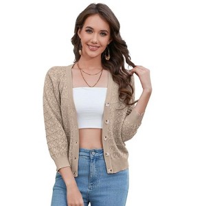 Coolmee Women's 3/4 Sleeve Crochet Cardigan Button Down  Cropped Knit Shrug Bolero Lightweight Sweaters Top - 1 of 4