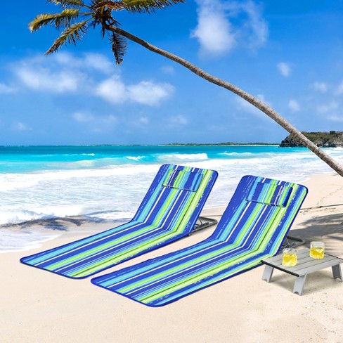 Costway 3 Piece Beach Lounge Chair Mat Set 2 Adjustable Lounge Chairs with Table Stripe