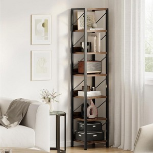 Coucheta 66"H 6-Tier Industrial Narrow Bookcase, Skinny Corner Shelf Rustic Brown for Bedroom, Living Room, Home Office - 1 of 4