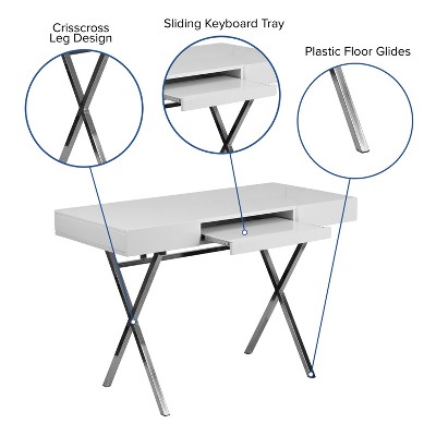 Sleek White 44.25'' Computer Desk with Chrome X-Trestle Base and Keyboard Tray