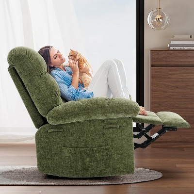 Rocking Recliner Chair, 360° Swivel Rocker Chair for Living Room, Upholstered Fabric Glider Nursery Chair with Side Pockets