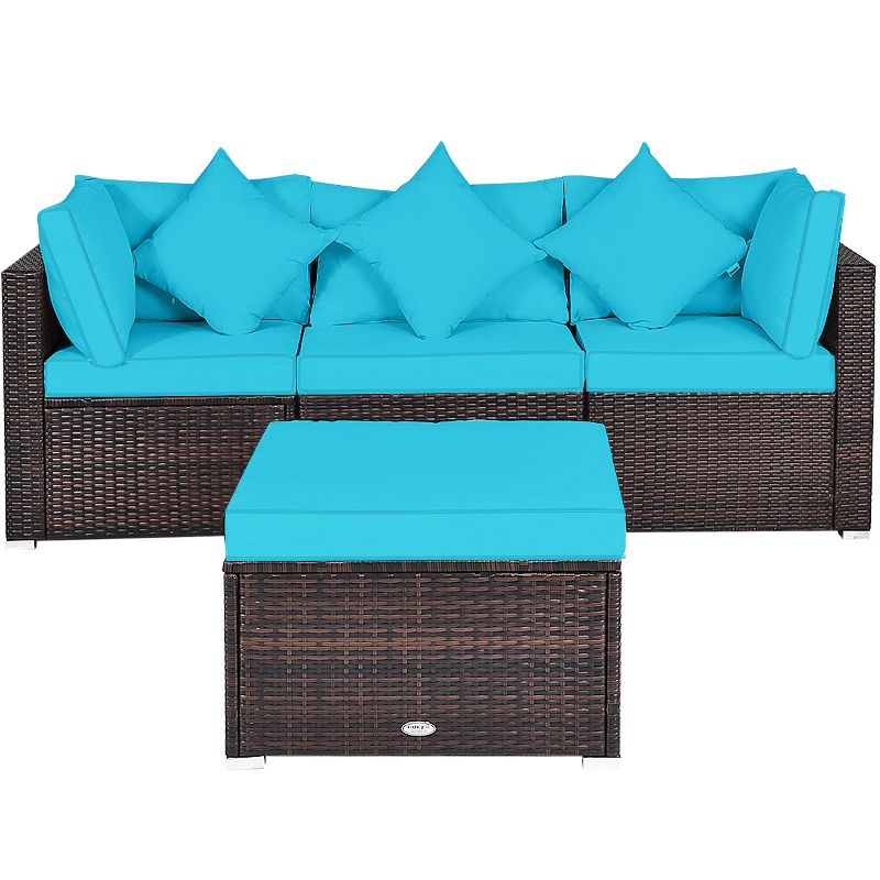 Tangkula 4-Piece Outdoor Rattan Sofa Set Sectional Conversation Couch Ottoman Turquoise/Red, 5 of 7