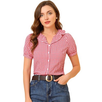 INSPIRE CHIC Women's Plaid Gingham Puff Sleeve Ruffle Peter Pan Collar Shirt