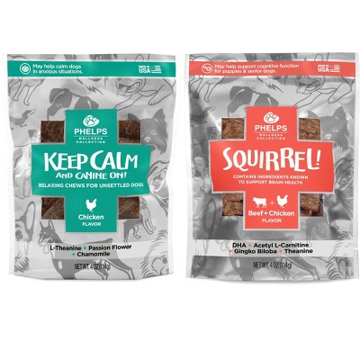 Phelps Wellness Collection Keep Calm & Canine On and Squirrel Attention Focusing Dog Treats 4.5 oz, Variety Pack