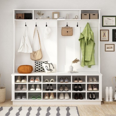 FUFU&GAGA White Shoe Cubbies Wide Hall Tree With Hooks