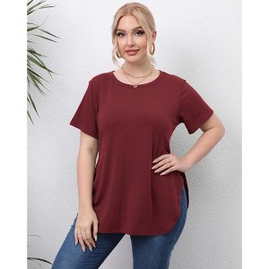 Women's Round Neck Split Hem Short Sleeve T-Shirt Casual Basic Stretchy Cotton Tee Summer Top - 1 of 4
