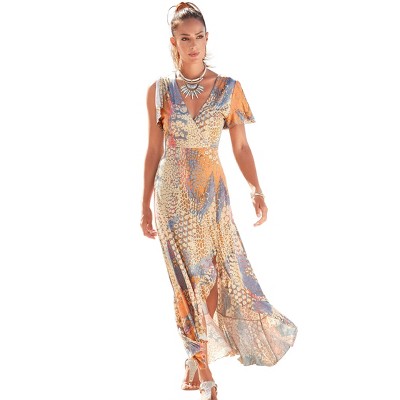 VENUS Womens Wrap Maxi Dress  -  S, Orange Multi