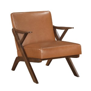 Faux Leather Upholstery Solid Rubberwood Accent Chair with Dacron Foam, Attached Cushions and Brown Finish Frame - 1 of 4