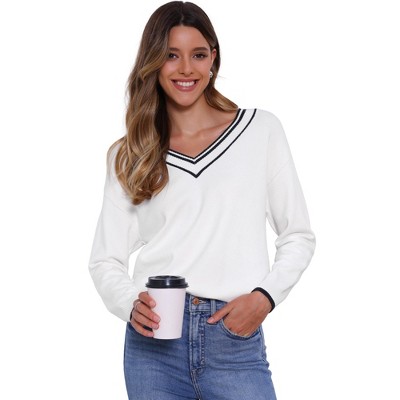 Allegra K V Neck Striped Long Sleeve Soft Stretchy Knit Fabric Pullover Sweater