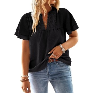 Womens Tops Butterfly Sleeve V Neck Blouses for Women Dressy Casual Flowy Swiss Dot Ruffle Short Sleeve Shirts - 1 of 2