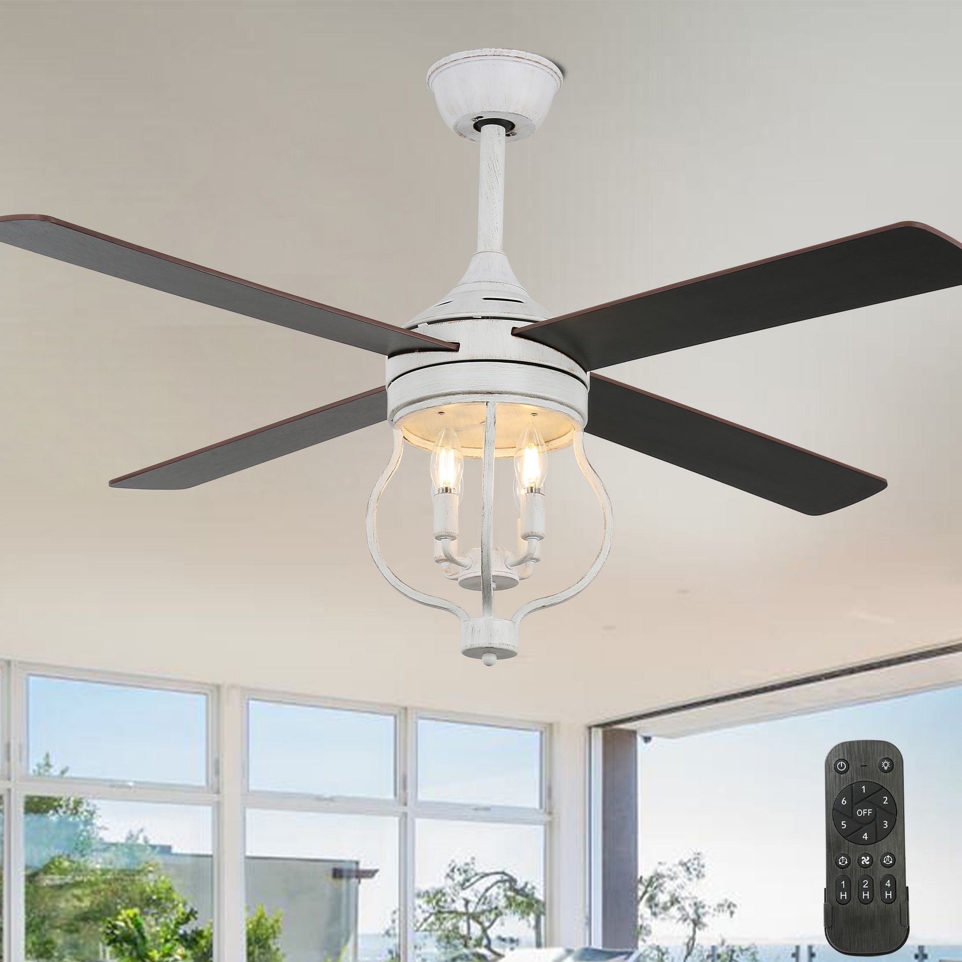 Bella Depot 52" Farmhouse Black Wood Ceiling Fan 6-Speed Reversible Blades with Remote Control and Light Kit(Bulbs not Included)